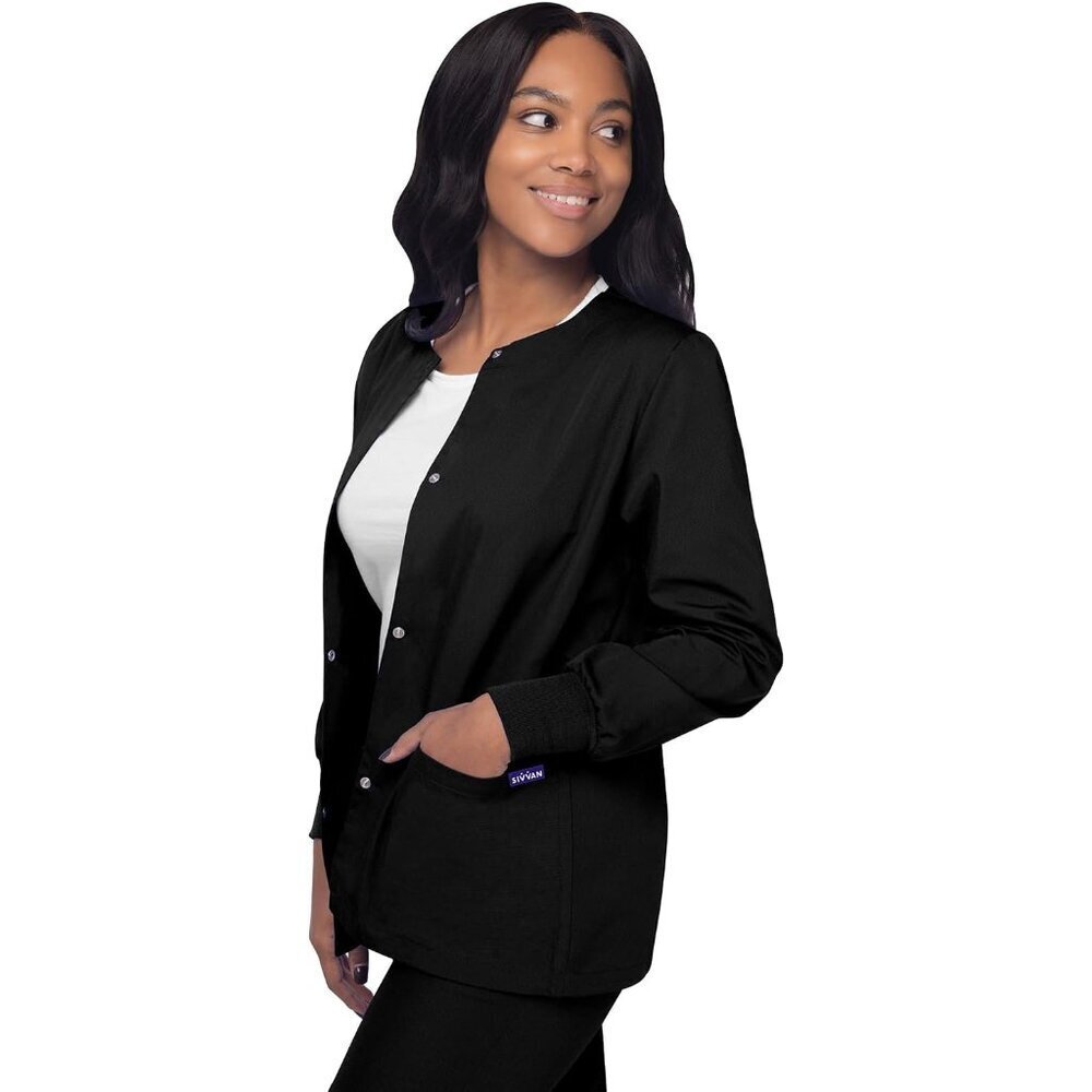Medical Scrubs Women Warm Up Jacket Cotton Polyester Black XS - Picture 3 of 8